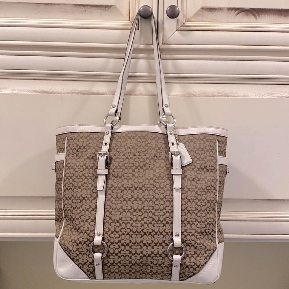 Coach khaki Jacquard & white leather tote. #F11527